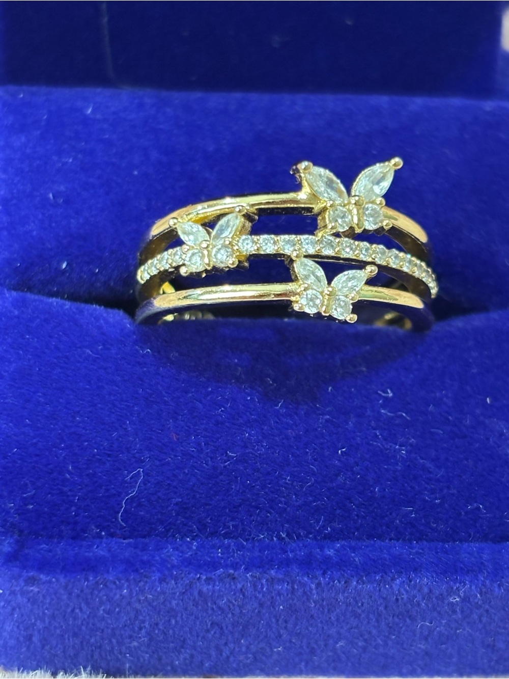 18kt Gold filled Butterfly Triple-Row Ring with Clear Stones